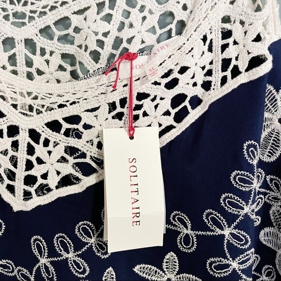 NWT Solitaire Top Women's Size XL Crochet-Trimmed Embroidered Navy Boho Poncho - Picture 7 of 14